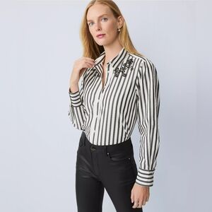 Ann Taylor Striped Embellished Shirt Black and White Size Small